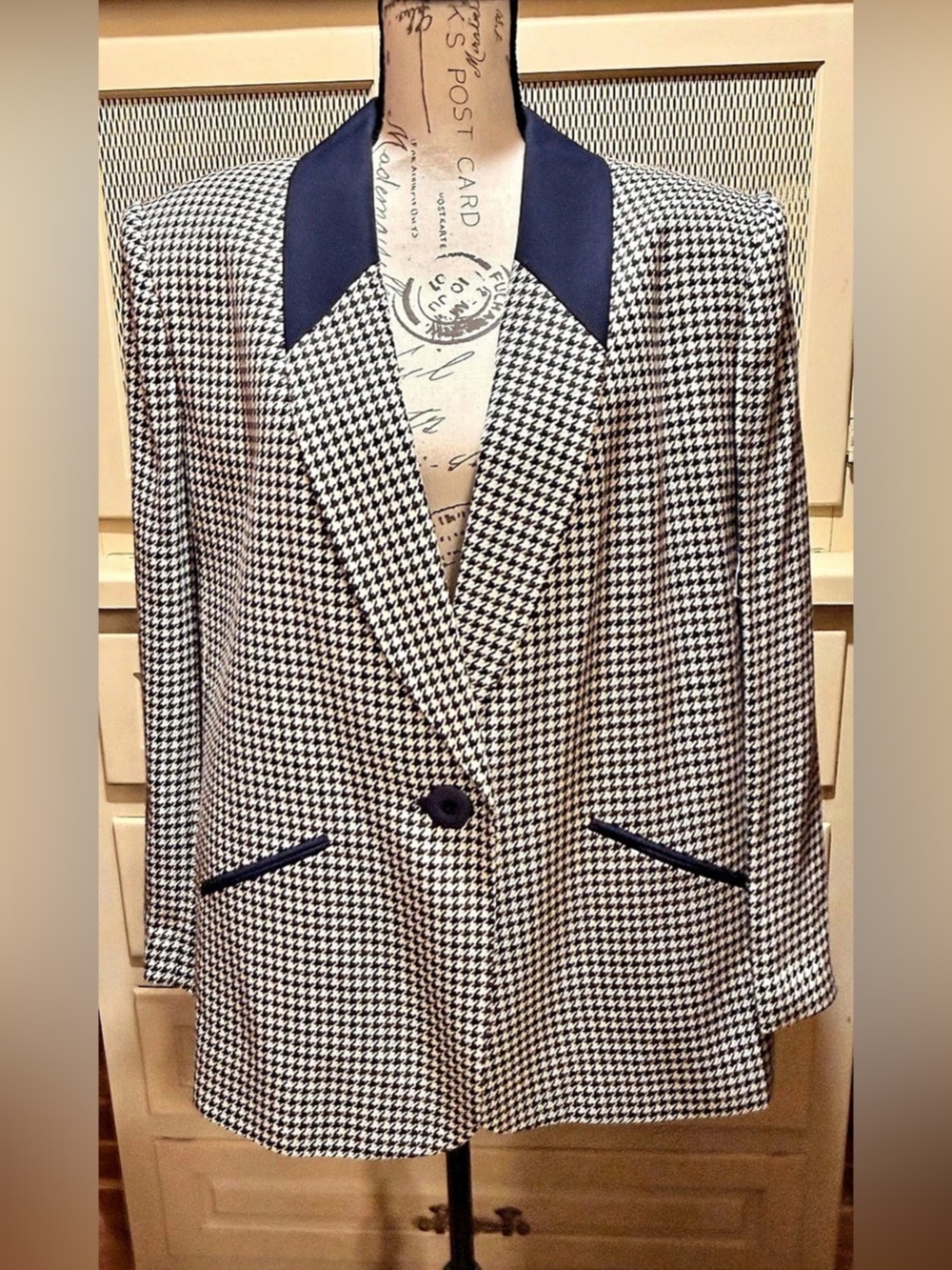 VTG 80s Kasper II for ASL Houndstooth Blazer Crepe Contrast Lapel Plus Size 16